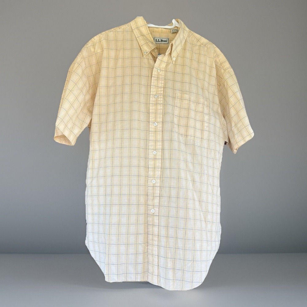 LL Bean Mens Large Short Sleeve Button Down Yellow Plaid Shirt Regular Fit